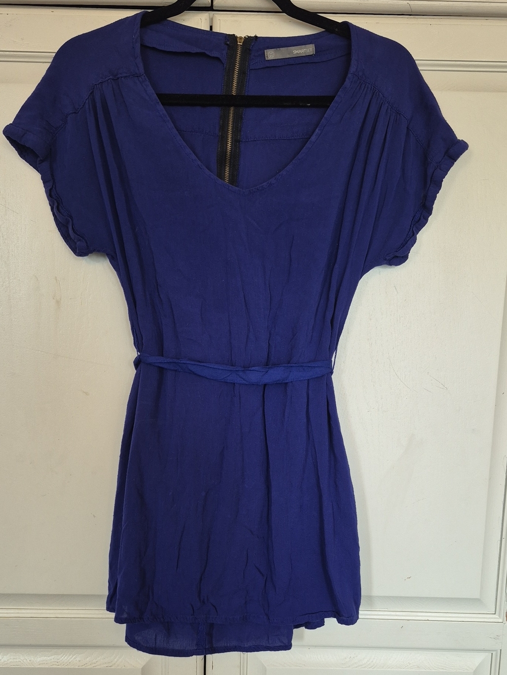 Smart Set Cobalt Blue V-Neck Short Sleeve Tunic with Waist Tie Y2K